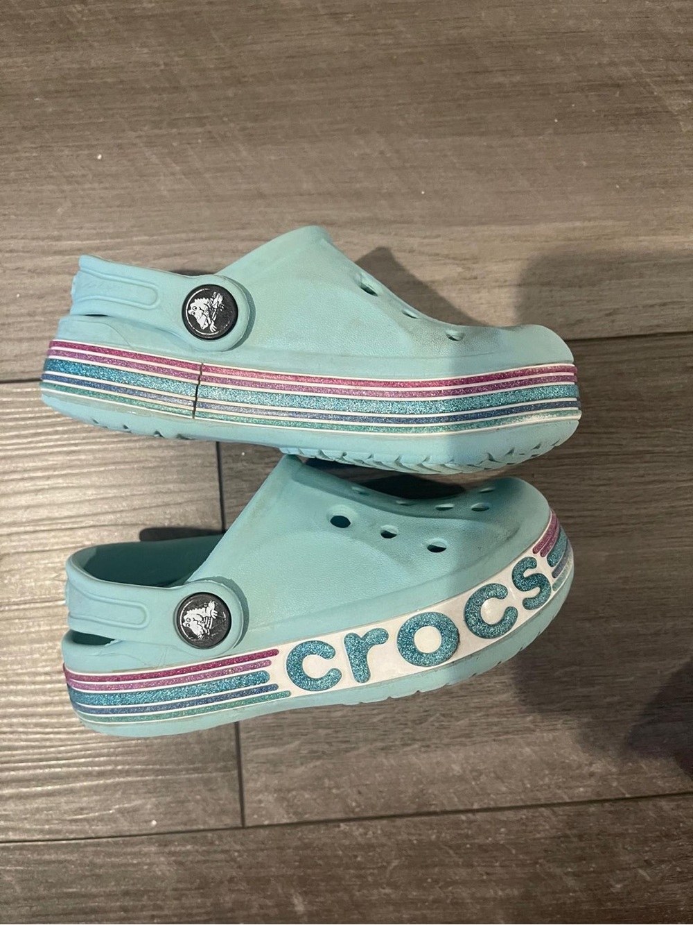 CROCS Kids Light Aqua Clogs with Pink and Teal Glitter Stripes 9C
